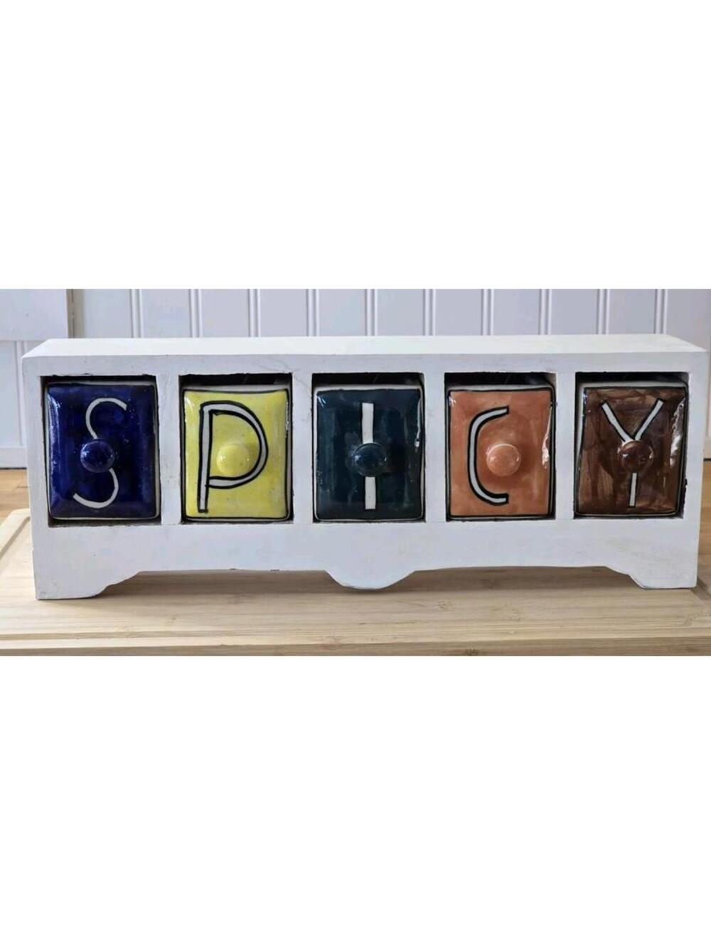 Wooden Spice Caddy Stand Cabinet 15" 5 Ceramic Spice Drawers Fuctional & Decor